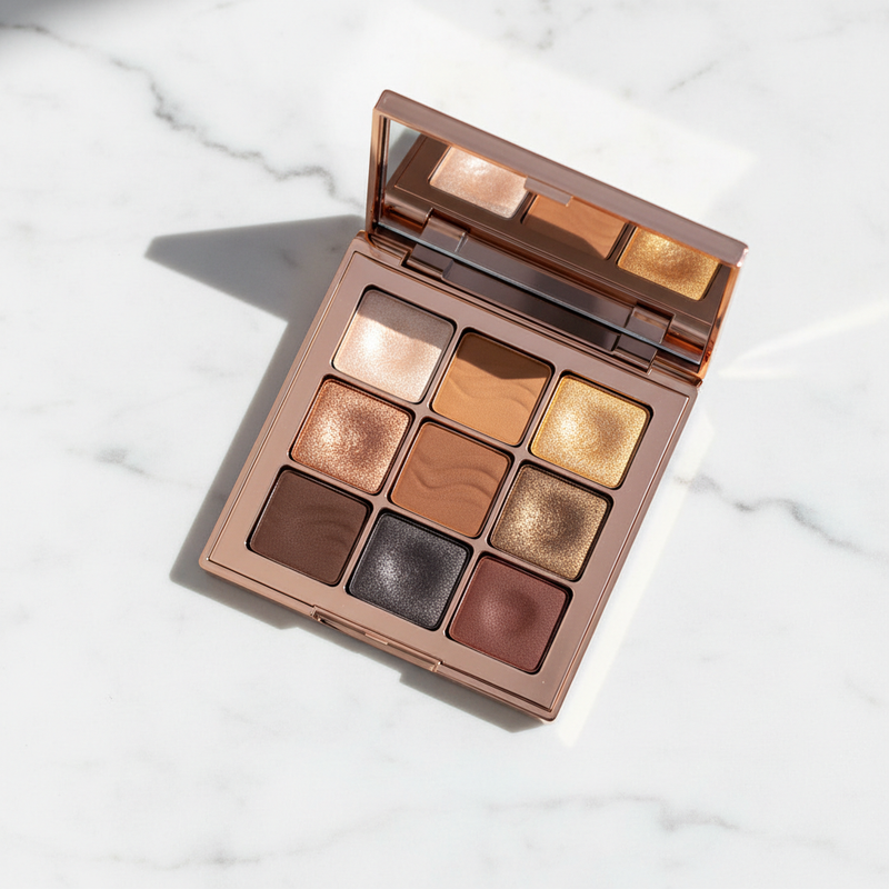 Zenvaroo Golden Hour 9-shade eyeshadow palette open in rose gold compact with mirror, showing warm nude, gold shimmer and deep brown shades on white marble surface